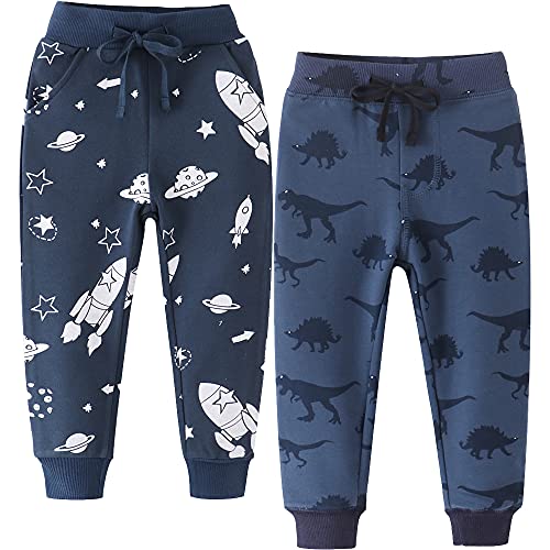 TOKYMOON 2er Pack Kinder Jogginghose Jungen Baumwolle Sweathose Dinosaurier Karikatur Gedruckt Babyhose Hosen Sporthose Jogger Hose Pants 1-7 Jahre Navy blau 116-122 von TOKYMOON