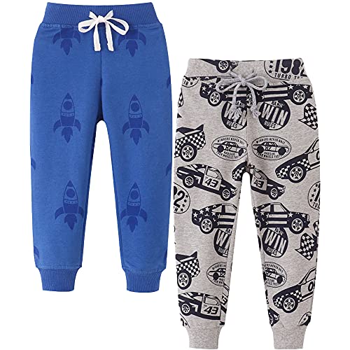 TOKYMOON 2er Pack Kinder Jogginghose Jungen Baumwolle Sweathose Dinosaurier Karikatur Gedruckt Babyhose Hosen Sporthose Jogger Hose Pants 1-7 Jahre Rakete + Wagen 122-128 von TOKYMOON