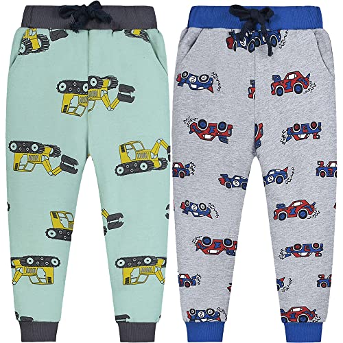 TOKYMOON 2er Pack Kinder Jogginghose Jungen Baumwolle Sweathose Dinosaurier Karikatur Gedruckt Hosen Kinder Sporthose Jogger Hose Jogger Pants 1-7 Jahre Bagger + Auto 90 von TOKYMOON