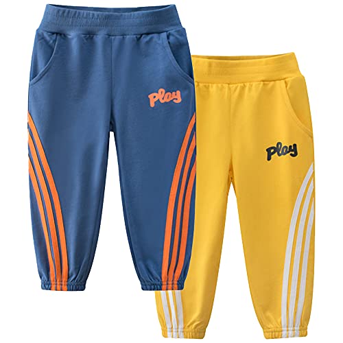 TOKYMOON 2er Pack Kinder Jogginghose Jungen Baumwolle Sweathose Dinosaurier Karikatur Gedruckt Hosen Kinder Sporthose Jogger Hose Jogger Pants 1-7 Jahre Blau+Gelb 120 von TOKYMOON