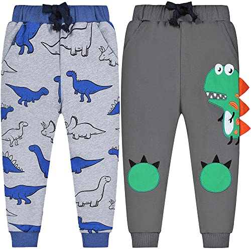 TOKYMOON 2er Pack Kinder Jogginghose Jungen Baumwolle Sweathose Dinosaurier Karikatur Gedruckt Hosen Kinder Sporthose Jogger Hose Jogger Pants 1-7 Jahre Grau Dinosaurier 130 von TOKYMOON