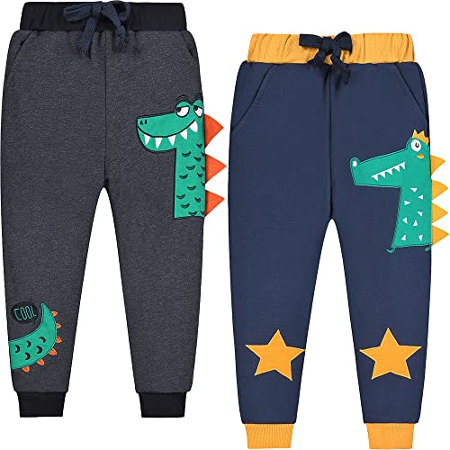 TOKYMOON 2er Pack Kinder Jogginghose Jungen Baumwolle Sweathose Dinosaurier Karikatur Gedruckt Hosen Kinder Sporthose Jogger Hose Jogger Pants 1-7 Jahre Grüner Dinosaurier 130 von TOKYMOON