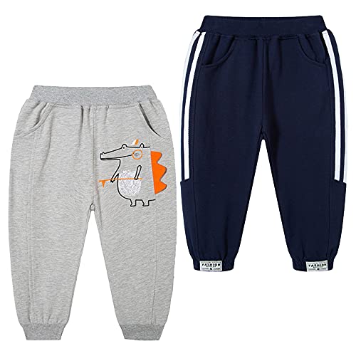 TOKYMOON 2er Pack Kinder Jogginghose Jungen Kinder Hosen Jungs Baumwolle Sweathose Dinosaurier Hosen Sporthose Jogger Pants Hose Babyhose Jogginghose 1-7 Jahre Grau + Königsblau 98-104 von TOKYMOON