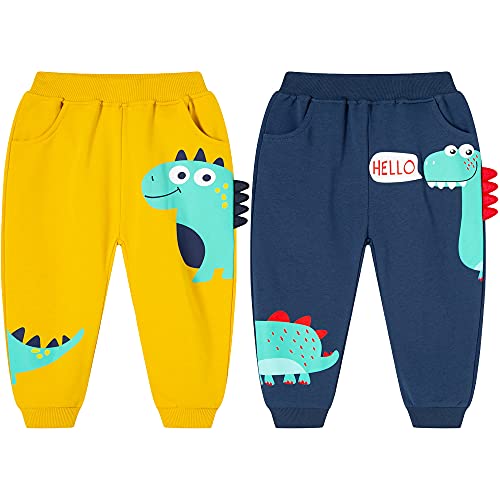 TOKYMOON 2er Pack Kinder Jungen Jogginghose Dinosaurier Sweathose Baumwolle Baby Jungen Warm Jogger Hose Sporthose Freizeithose Jungen Jogginghose Baumwolle Kinder Sweathose Gelb Dinosaurier 120 von TOKYMOON