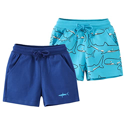 TOKYMOON 2er Pack Kinder Shorts Jungen Sommer Shorts Kurze Hose mit Dinosaurier-Druck Kurze Hose Sport für Jungen Baumwolle Kinder Sommer Shorts Sporthose kurz Jungen Blauer Hai 90 von TOKYMOON