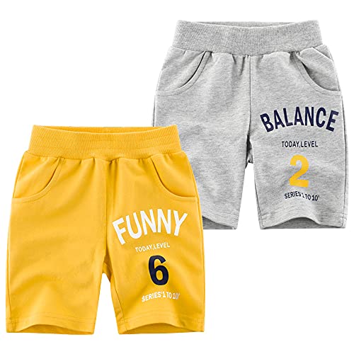 TOKYMOON 2er Pack Kinder Shorts Jungen Sommer Shorts Kurze Hose mit Dinosaurier-Druck Kurze Hose Sport für Jungen Baumwolle Kinder Sommer Shorts Sporthose kurz Jungen Gelb + Grau 120 von TOKYMOON