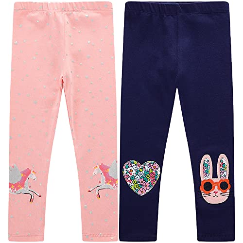 TOKYMOON 2er Pack Mädchen Leggings Kinder Stretch Hosen Mädchen Lange Leggings Sporthosen Baumwolle high Waist bequem Hosen Drucken Leggings Mädchen Einhorn Blau+Rosa 6T von TOKYMOON
