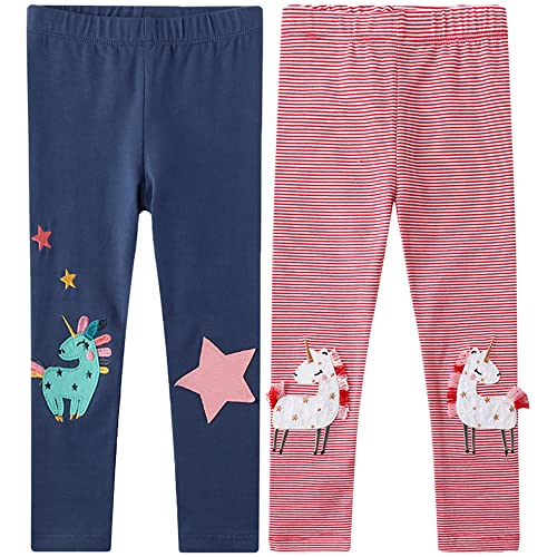 TOKYMOON 2er Pack Mädchen Leggings Kinder Stretch Hosen Mädchen Lange Leggings Sporthosen Baumwolle high Waist bequem Hosen Drucken Leggings Mädchen Einhorn Blau+Rot 3T von TOKYMOON