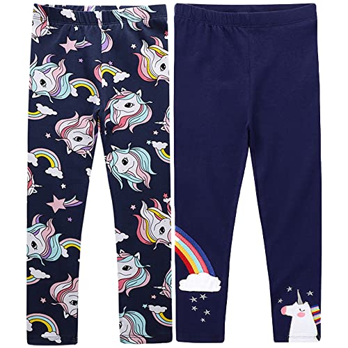 TOKYMOON 2er Pack Mädchen Leggings Kinder Stretch Hosen Mädchen Lange Leggings Sporthosen Baumwolle high Waist bequem Hosen Drucken Leggings Mädchen Einhorn Blaues Einhorn 6T von TOKYMOON