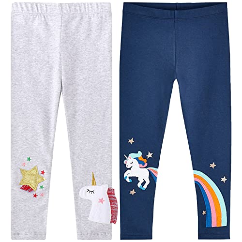 TOKYMOON 2er Pack Mädchen Leggings Kinder Stretch Hosen Mädchen Lange Leggings Sporthosen Baumwolle high Waist bequem Hosen Drucken Leggings Mädchen Einhorn Weiß+Blau 5T von TOKYMOON