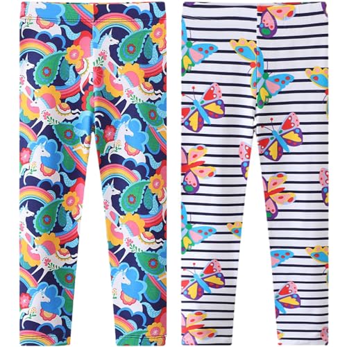 TOKYMOON 2er Pack Mädchen Leggings Mädchen High Waist Leggins Kinder Sportleggins Elastisch Sporthose Baumwolle Hosen Blumenmuster Stretch Leggings Bunt 5T von TOKYMOON