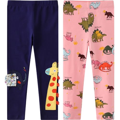TOKYMOON 2er Pack Mädchen Leggings Mädchen High Waist Leggins Kinder Sportleggins Elastisch Sporthose Baumwolle Hosen Blumenmuster Stretch Leggings Dinosaurier 5T von TOKYMOON