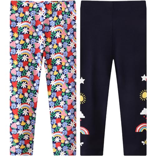 TOKYMOON 2er Pack Mädchen Leggings Mädchen High Waist Leggins Kinder Sportleggins Elastisch Sporthose Baumwolle Hosen Blumenmuster Stretch Leggings Dunkelblau 5T von TOKYMOON