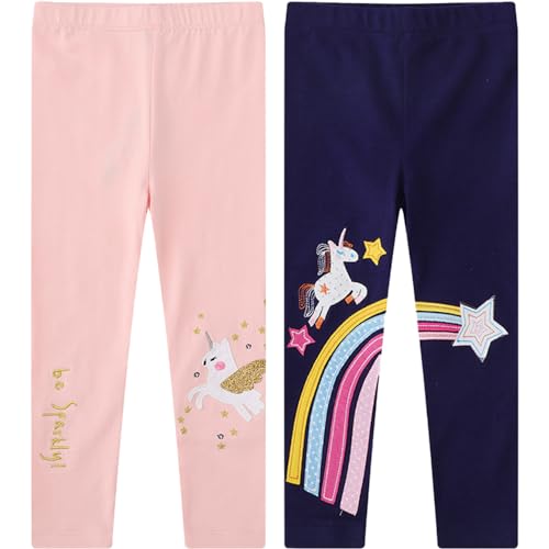 TOKYMOON 2er Pack Mädchen Leggings Mädchen High Waist Leggins Kinder Sportleggins Elastisch Sporthose Baumwolle Hosen Blumenmuster Stretch Leggings Einhorn A 4T von TOKYMOON
