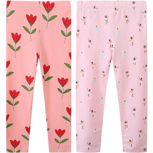 TOKYMOON 2er Pack Mädchen Leggings Mädchen High Waist Leggins Kinder Sportleggins Elastisch Sporthose Baumwolle Hosen Blumenmuster Stretch Leggings Rosa Blume 7T von TOKYMOON