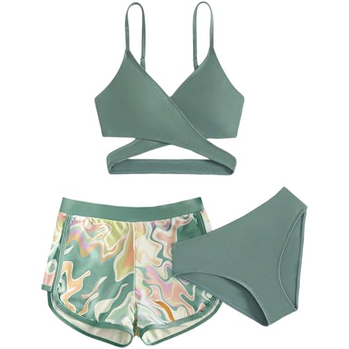 TOKYMOON 3 Stück Kinder Mädchen Bikini Bademode Set Bikini Oberteil Triangel Bikinihose mit Shorts Sommer Strand Schwimmanzug von TOKYMOON