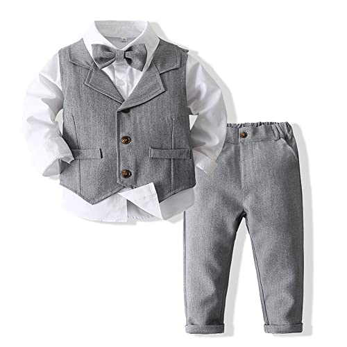 TOKYMOON Baby Jungen Kleidung Set Shirt Weste Hose Baby Fliege Braun Anzug für Baby Geburtstagsparty Kleid Gentleman Anzuge Kinder Junge Bekleidungsset Vintage Kleidung Hose und Fliege Grau 1 100 von TOKYMOON