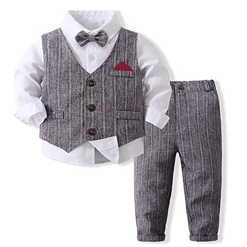 TOKYMOON Baby Jungen Kleidung Set Shirt Weste Hose Baby Fliege Braun Anzug für Baby Geburtstagsparty Kleid Gentleman Anzuge Kinder Junge Bekleidungsset Vintage Kleidung Hose und Fliege Grau 80 von TOKYMOON