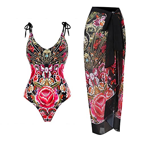 TOKYMOON Badeanzug Damen 2 teilig V Ausschnitt Vintage Badeanzüge Damen Sexy high Waist Swimsuit Bademode Strandkleid bauchweg Push up Bademode Retro Badeanzug Damen Sport Rote Blumen M von TOKYMOON