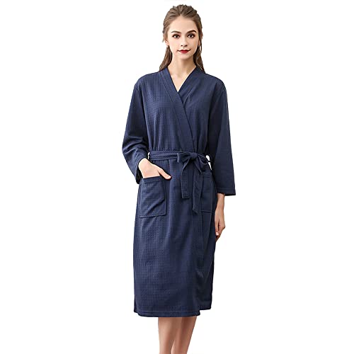 TOKYMOON Bademantel Damen und Herren Leichter Waffel-Bademantel mit Gürtel Unifarben Saunamantel Leicht Bademantel Lang Waffelpique Kimono Nachtwäsche Langarm Damen Morgenmantel Marineblau 3XL von TOKYMOON