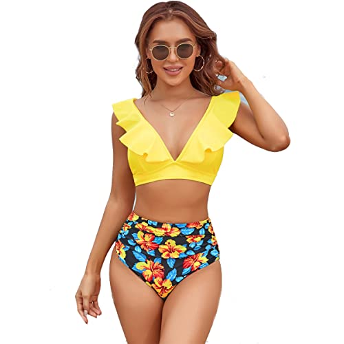 TOKYMOON Damen Bikini Set Badeanzug mit Rüschen Volant V-Ausschnitt Strandbikini Swimsuit High Waist Bikini Bademode Elegant Zweiteiliger Badeanzug Damen Sexy Retro Badeanzug Gelb 1 XL von TOKYMOON