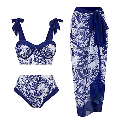 TOKYMOON Damen Bikini Set Rüschen V Ausschnitt High Waist Bikinis Bauchweg Bademode Vintage Blumenmuster Sexy Badeanzug 3 Teilig Damen Retro Schwimmanzug Strandkleid Bikini Blaue Blume XL von TOKYMOON