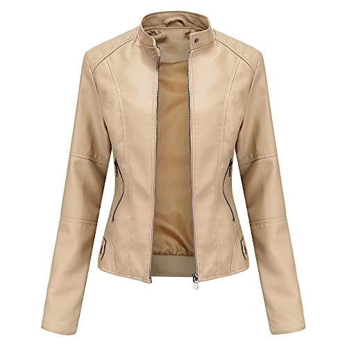 TOKYMOON Damen Lederjacke Kurz Bikerjacke Stehkragen Reißverschluss PU Leder Jacke Langarm Einfarbig Übergangsjacke Lassig Kurzjacke Elegant Mantel Motorradjacke damen Frühling Herbst Beige S von TOKYMOON