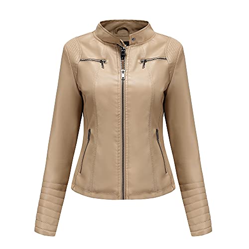 TOKYMOON Damen Lederjacke Kurz Bikerjacke Stehkragen Reißverschluss PU Leder Jacke Langarm Einfarbig Übergangsjacke Lassig Kurzjacke Elegant Mantel Motorradjacke damen Frühling Herbst Beige1 M von TOKYMOON