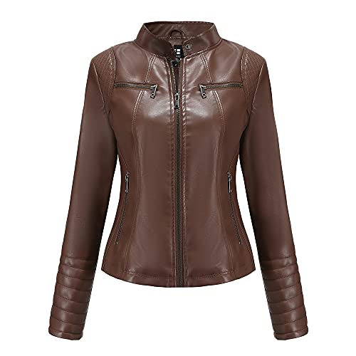 TOKYMOON Damen Lederjacke Kurz Bikerjacke Stehkragen Reißverschluss PU Leder Jacke Langarm Einfarbig Übergangsjacke Lassig Kurzjacke Elegant Mantel Motorradjacke damen Frühling Herbst Braun 1 L von TOKYMOON