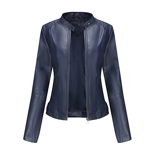 TOKYMOON Damen Lederjacke Kurz Bikerjacke Stehkragen Reißverschluss PU Leder Jacke Langarm Einfarbig Übergangsjacke Lassig Kurzjacke Elegant Mantel Motorradjacke damen Frühling Herbst Dunkelblau XXL von TOKYMOON