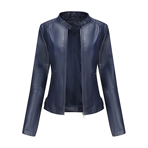 TOKYMOON Damen Lederjacke Kurz Bikerjacke Stehkragen Reißverschluss PU Leder Jacke Langarm Einfarbig Übergangsjacke Lassig Kurzjacke Elegant Mantel Motorradjacke damen Frühling Herbst Dunkelblau L von TOKYMOON