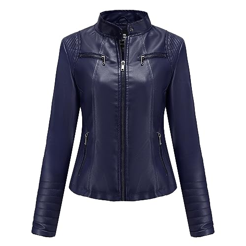 TOKYMOON Damen Lederjacke Kurz Bikerjacke Stehkragen Reißverschluss PU Leder Jacke Langarm Einfarbig Übergangsjacke Lassig Kurzjacke Elegant Mantel Motorradjacke damen Frühling Herbst Dunkelblau1 XXL von TOKYMOON