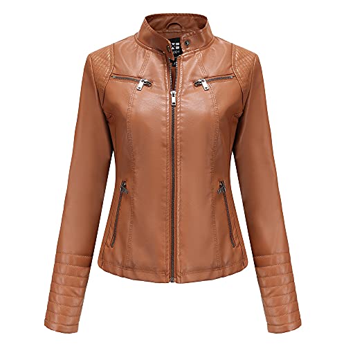 TOKYMOON Damen Lederjacke Kurz Bikerjacke Stehkragen Reißverschluss PU Leder Jacke Langarm Einfarbig Übergangsjacke Lassig Kurzjacke Elegant Mantel Motorradjacke damen Frühling Herbst Kamel1 XS von TOKYMOON