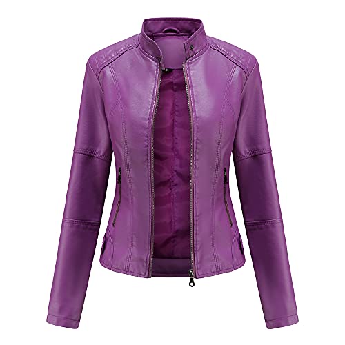 TOKYMOON Damen Lederjacke Kurz Bikerjacke Stehkragen Reißverschluss PU Leder Jacke Langarm Einfarbig Übergangsjacke Lassig Kurzjacke Elegant Mantel Motorradjacke damen Frühling Herbst Violett XS von TOKYMOON
