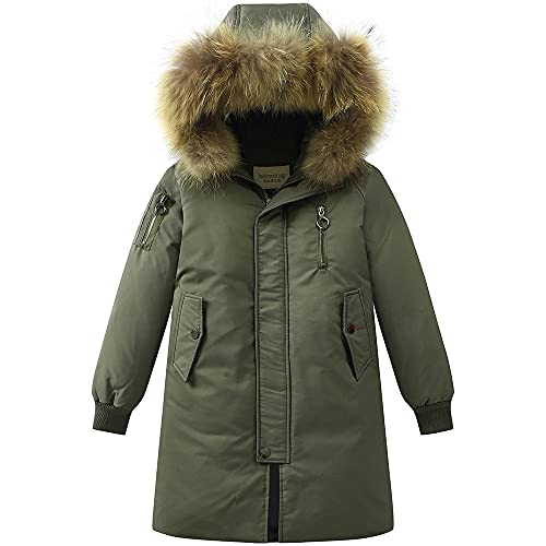 TOKYMOON Daunenjacke Kinder Lang Verdickte Winterjacke Jungen Wintermantel Mädchen Warm Daunenmantel mit Kaputze Outdoorjacke Winddicht Winterparka mit Fellkapuze Armeegrün 164-170 von TOKYMOON