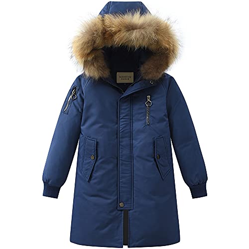 TOKYMOON Daunenjacke Kinder Lang Verdickte Winterjacke Jungen Wintermantel Mädchen Warm Daunenmantel mit Kaputze Outdoorjacke Winddicht Winterparka mit Fellkapuze Dunkelblau 134-140 von TOKYMOON