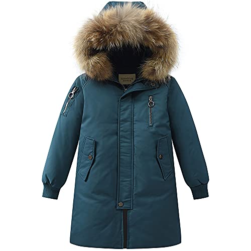 TOKYMOON Daunenjacke Kinder Lang Verdickte Winterjacke Jungen Wintermantel Mädchen Warm Daunenmantel mit Kaputze Outdoorjacke Winddicht Winterparka mit Fellkapuze Dunkelgrün 152-158 von TOKYMOON