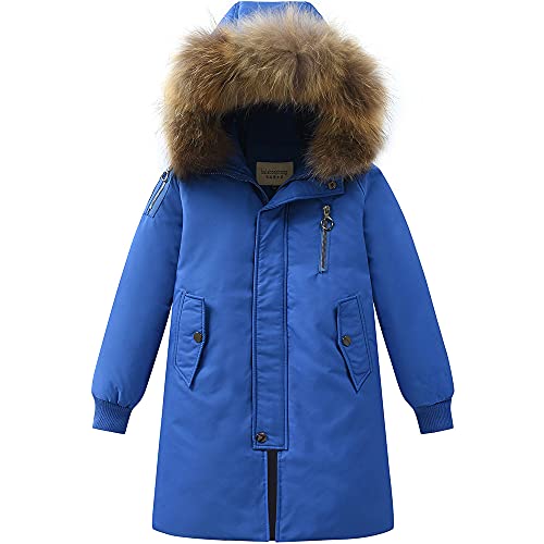 TOKYMOON Daunenjacke Kinder Lang Verdickte Winterjacke Jungen Wintermantel Mädchen Warm Daunenmantel mit Kaputze Outdoorjacke Winddicht Winterparka mit Fellkapuze Königsblau 122-128 von TOKYMOON