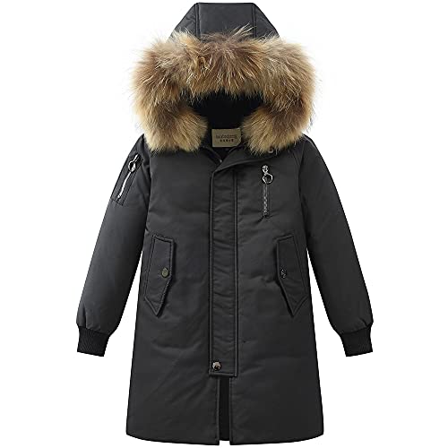 TOKYMOON Daunenjacke Kinder Lang Verdickte Winterjacke Jungen Wintermantel Mädchen Warm Daunenmantel mit Kaputze Outdoorjacke Winddicht Winterparka mit Fellkapuze Schwarz 134-140 von TOKYMOON