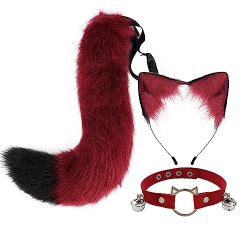 TOKYMOON Halloween Kostüme Fuchspelzschwanz Party Cosplay Set Plüsch Katzenohren Haarspange Haarband Damen Halloween Karneval Fuchs Schwanz Ohren Glockenhals Kragen Kostüm Cosplay Frauen Rot1 65cm von TOKYMOON