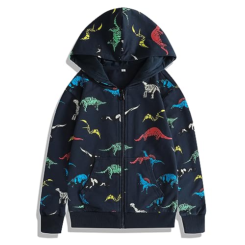 TOKYMOON Jungen Kapuzenpullover Hoodie Jungen Pullover Dinosaurier Jacke Zip Up Dino Kapuzenpullover Kapuzenjacke Langarm Kinder Sweatjacke Reißverschluss Sweatshirt Dunkelblau 140 von TOKYMOON