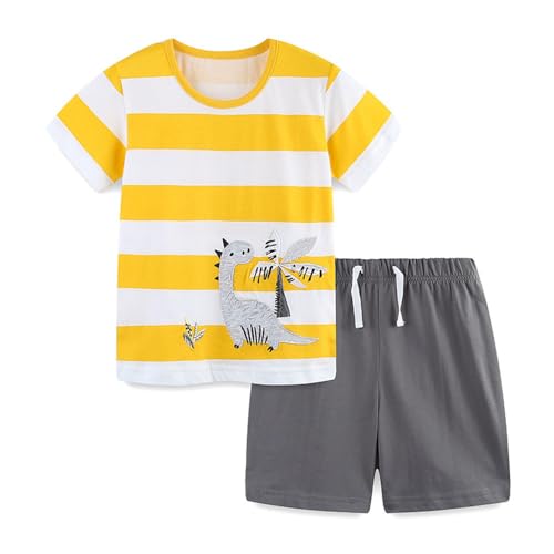 TOKYMOON Jungen Kurzarm T-Shirt Kurze Hose, 2-teiliges Jungen Schlafanzug Kinder Kurzarm Shorty Pyjamas Set Baumwolle Zweiteiliger Nachtwäsche Sommer Bekleidungssets für Kinder Gelb+Weiß 2Y von TOKYMOON