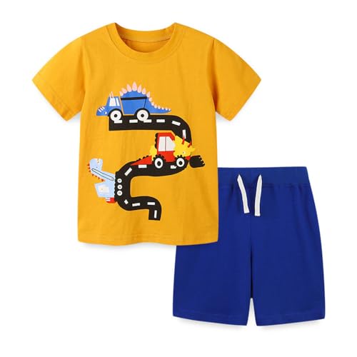 TOKYMOON Jungen Kurzarm T-Shirt Kurze Hose, 2-teiliges Jungen Schlafanzug Kinder Kurzarm Shorty Pyjamas Set Baumwolle Zweiteiliger Nachtwäsche Sommer Bekleidungssets für Kinder Gelb 2Y von TOKYMOON