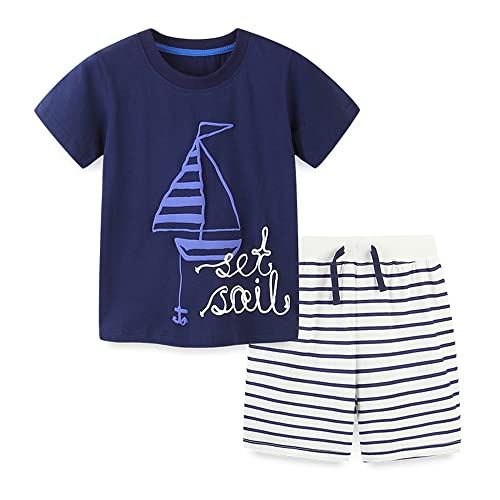 TOKYMOON Jungen Kurzer Schlafanzug Baumwolle Kinder Pyjama Set Zweiteiliger Sommer Jungen Nachtwäsche Schlafanzug Kinder Kurzarm Set Jungen Kurze Hose Tshirt Jungs Sommer Outfits Segelboot 140 von TOKYMOON