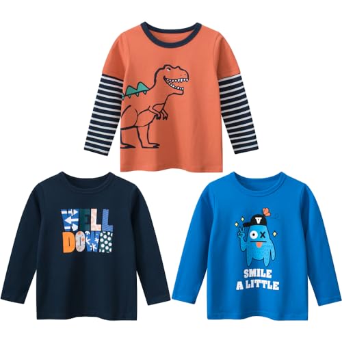 TOKYMOON Jungen Langarmshirt T Shirt Sweatshirt Bedrucktes Baumwolle Oberteil Frühling Herbst 1-7 Jahre 3er Pack Langarm Tshirt Kinder Baumwoll Jungen Tshirt Blau 140 von TOKYMOON