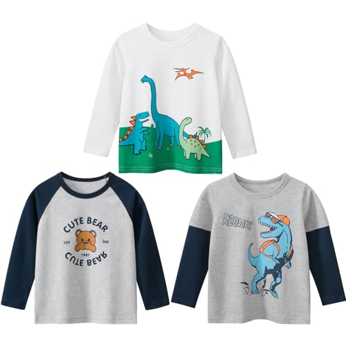 TOKYMOON Jungen Langarmshirt T Shirt Sweatshirt Bedrucktes Baumwolle Oberteil Frühling Herbst 1-7 Jahre 3er Pack Langarm Tshirt Kinder Baumwoll Jungen Tshirt Dinosaurier 4 100 von TOKYMOON