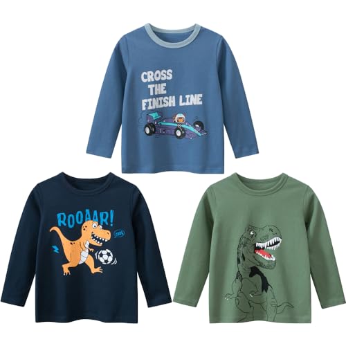 TOKYMOON Jungen Langarmshirt T Shirt Sweatshirt Bedrucktes Baumwolle Oberteil Frühling Herbst 1-7 Jahre 3er Pack Langarm Tshirt Kinder Baumwoll Jungen Tshirt Dunkelgrün 100 von TOKYMOON