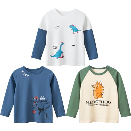 TOKYMOON Jungen Langarmshirt T Shirt Sweatshirt Bedrucktes Baumwolle Oberteil Frühling Herbst 1-7 Jahre 3er Pack Langarm Tshirt Kinder Baumwoll Jungen Tshirt Marineblau 140 von TOKYMOON