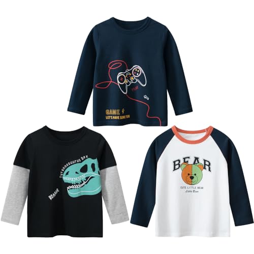 TOKYMOON Jungen Langarmshirt T Shirt Sweatshirt Bedrucktes Baumwolle Oberteil Frühling Herbst 1-7 Jahre 3er Pack Langarm Tshirt Kinder Baumwoll Jungen Tshirt Tyrannosaurus rex 140 von TOKYMOON