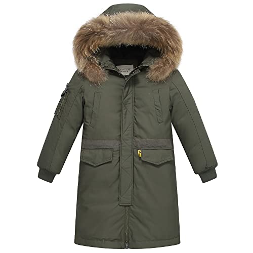 TOKYMOON Kinder Daunenjacken Winterjacke Jungen Lang Parka Jacken für Jungen Mädchen Mäntel warm Wintermantel Daunenmantel mit Kapuze Warm Outdoorjacke Armeegrün 122-128 von TOKYMOON
